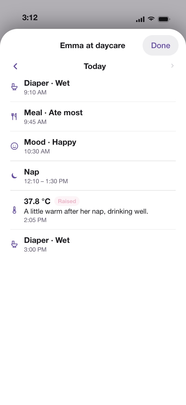 Emma's day at daycare as a timeline: diaper, meal, mood, nap and a raised temperature with a note