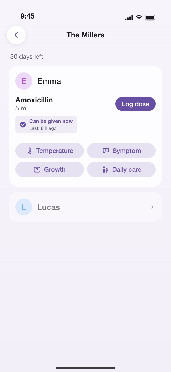 Daycare mode showing Emma's Amoxicillin that can be given now, a Log dose button, and buttons for Temperature, Symptom, Growth and Daily care