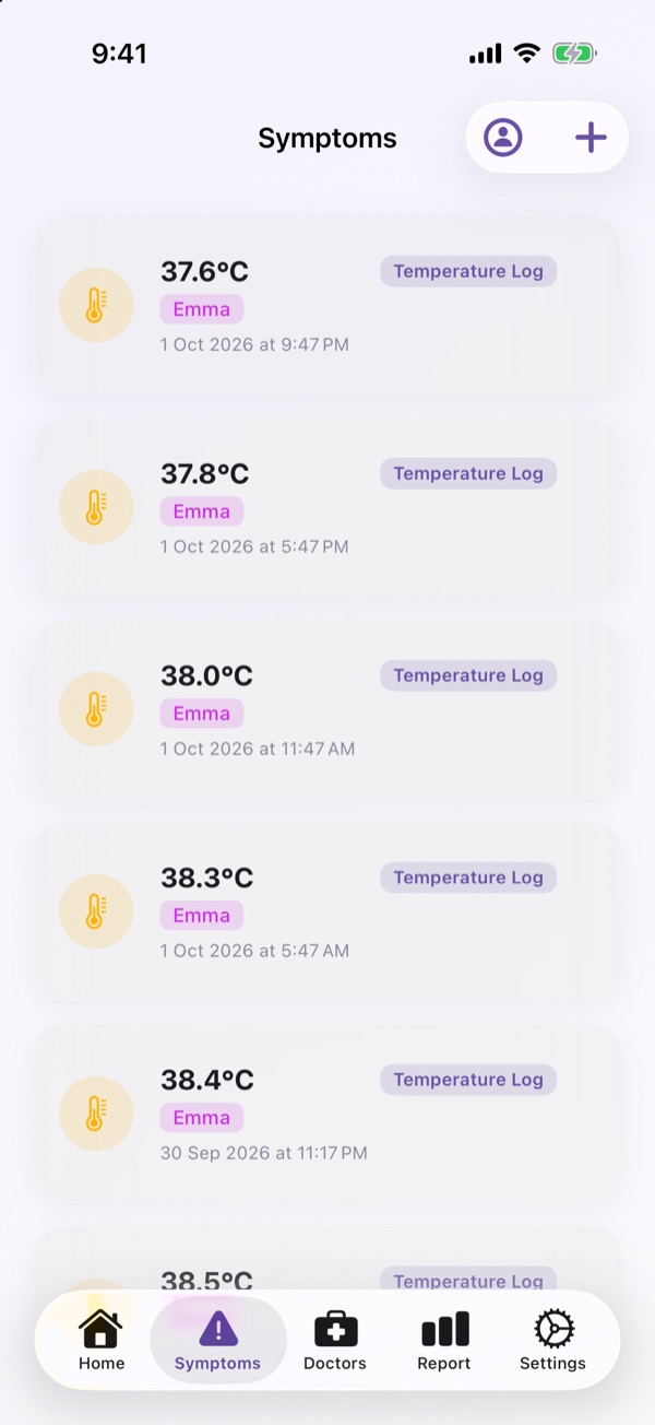Symptoms screen with a list of temperature logs